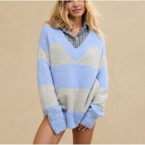 Aerie Teddy Boucle Striped Fuzzy V Neck Sweater Ocean Sky Blue Cozy Oversized XS